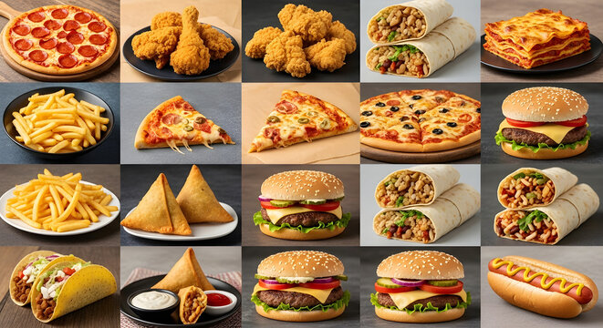 Delicious fast food feast showcasing pizza, fried chicken, burgers, and wraps for takeout menus and food delivery promotions, perfect for restaurants and culinary marketing