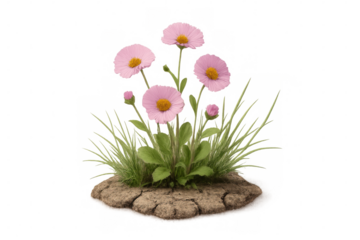 Pink daisies blooming amid cracked, parched ground, isolated on transparent background for seamless digital compositing