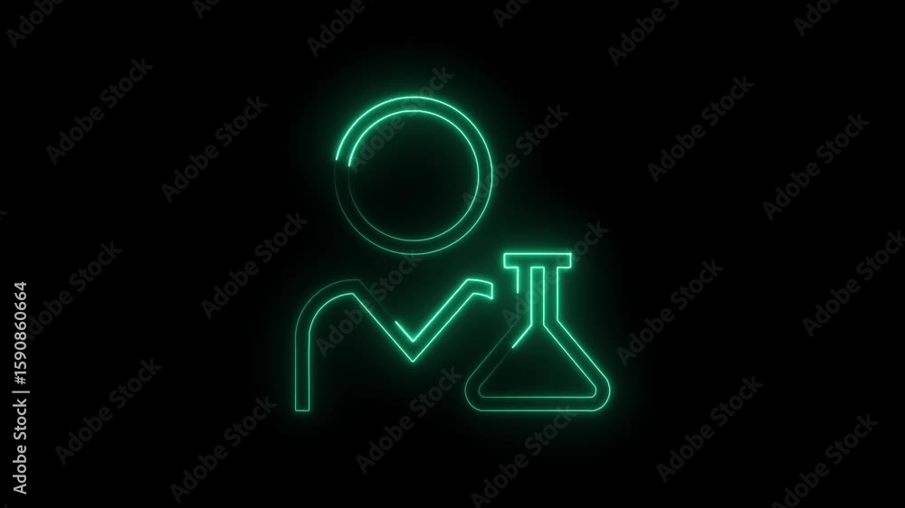 Poster glowing neon scientist icon with flask on black background futuristic science technology symbol