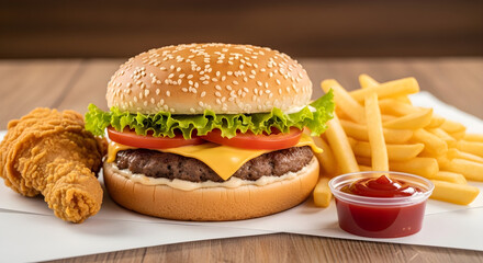 Delicious cheeseburger, crispy fries, and fried chicken with ketchup perfect for fast food menus and food blogs