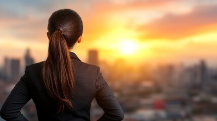 Fototapeta premium Business Woman Watching Sunset Over City Skyline at Dusk