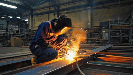 Welder in full protective gear kneeling on the floor in an industrial workshop surrounded by metal frames, working with bright orange sparks flying from the welding point in a dramatic light setting