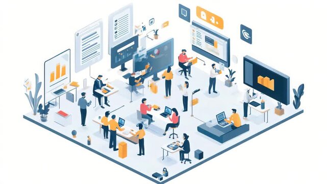 Isometric Collaboration Environment: A Teamwork Illustration for Modern Workspaces Animation