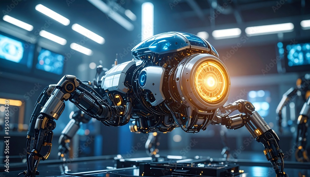 Poster futuristic spiderlike robot in a modern lab with science, technology, and research.