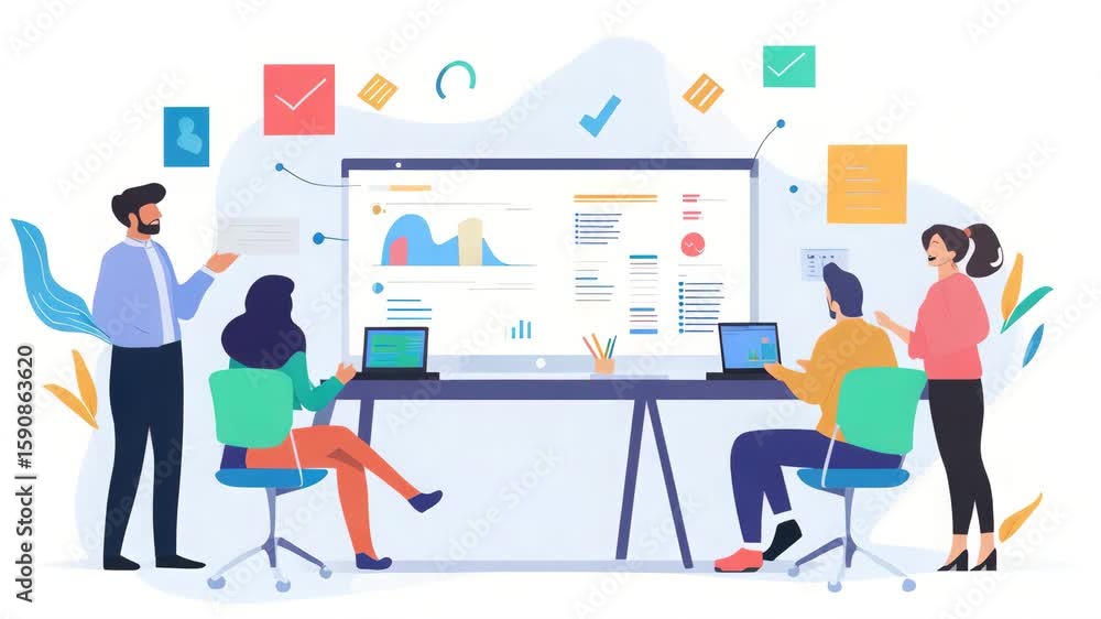 Aufkleber collaborative team analyzing data and charts in modern office environment fostering innovation and