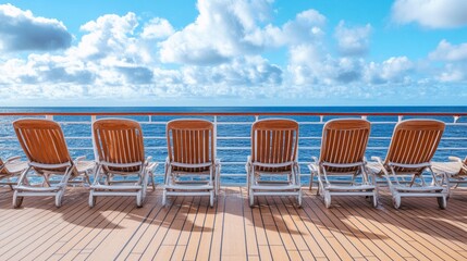 Fototapeta premium Lounge chairs lined up facing the ocean, a cruise-like tranquility and order concept. generative ai