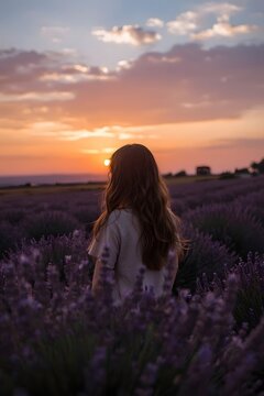 A serene scene of a woman in a white dress standing in a lavender field at sunset, capturing the warm glow of the sun and the peaceful atmosphere of nature, perfect for wellness and travel concepts

