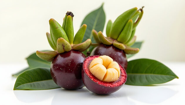Three ripe mangosteen fruits, one cut open, showcasing the edible segments, with green leaves.