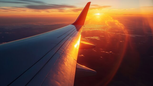 person looking out the airplane window, the sunset glow reflecting off the wing, generative ai