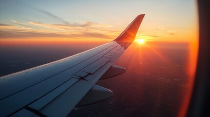person looking out the airplane window, the sunset glow reflecting off the wing, generative ai