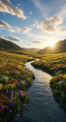 Scenic Mountain Valley with Flowing Stream and Blooming Wildflowers During Sunset