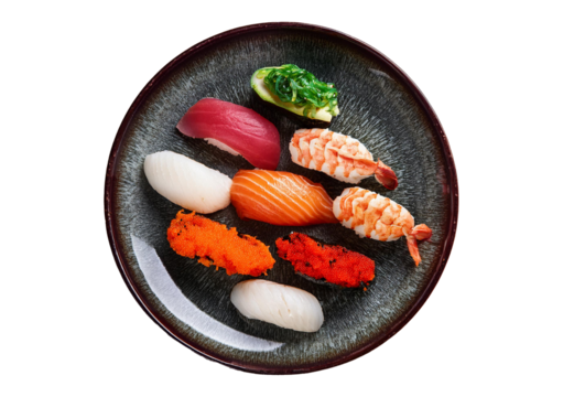 sushi plate top view full length isolated on transparent or white background