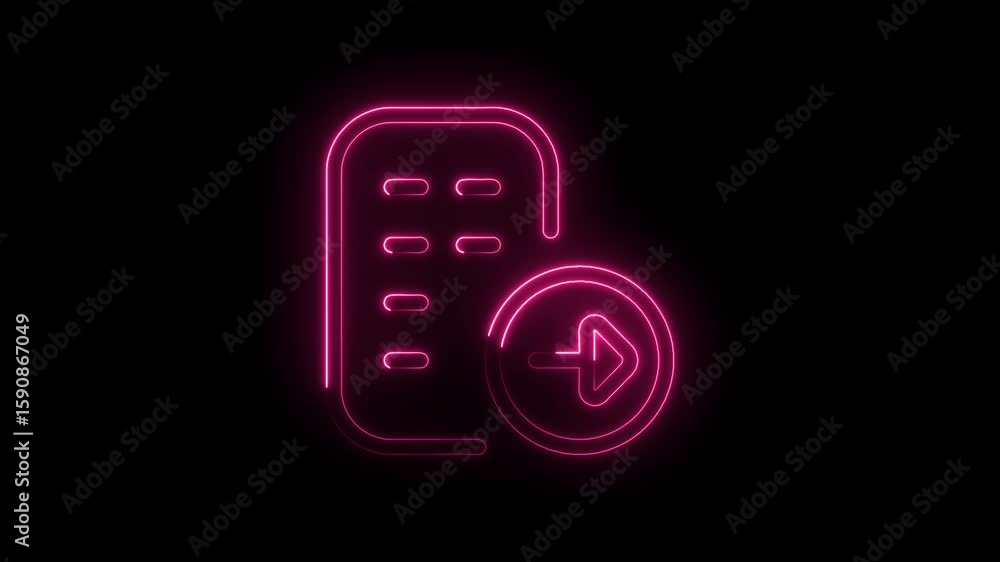 Poster glowing neon pink document input icon with arrow on black background futuristic digital interface