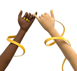 Interlaced Hands with Yellow Ribbon of Support 3d render 