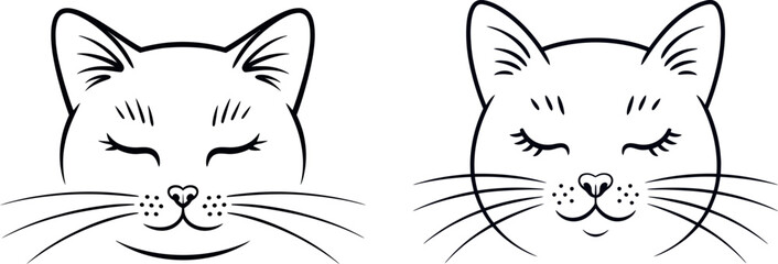 Two happy cat faces with closed eyes and whiskers silhouette