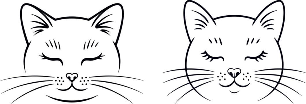 Two happy cat faces with closed eyes and whiskers silhouette
