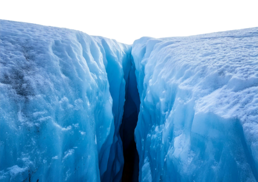 Deep ice crevasse in a frozen arctic landscape with sharp, vertical icy formations, isolated on transparent or white background