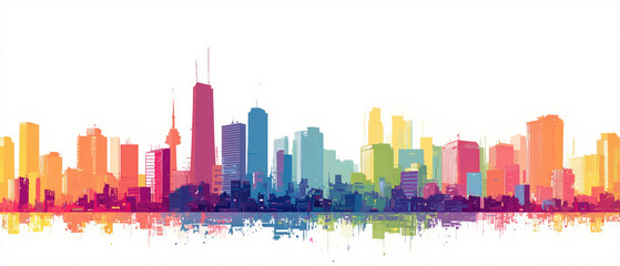 Colorful urban skyline silhouette with reflection