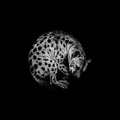 A detailed black and white illustration of a curled-up, sleeping spotted hyena, in a vintage engraving style against a solid black background.