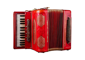 Old red accordion isolated on transparent or white background