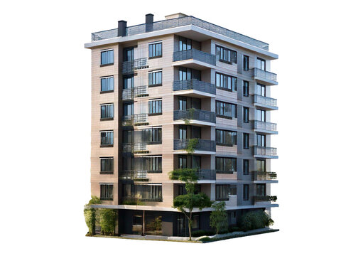 Modern apartment building design urban setting architectural photography daylight perspectiv isolated on transparent or white background.