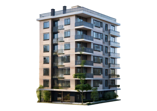 Modern apartment building design urban setting architectural photography daylight perspectiv isolated on transparent or white background. - Powered by Adobe