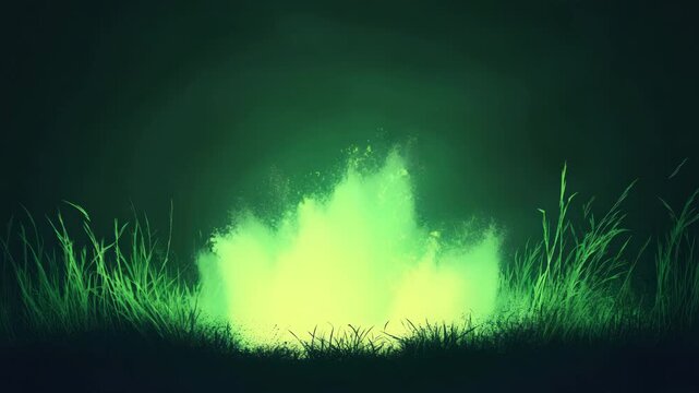 Ethereal Meadow: Green Glow Illuminating Grass in Dark, Dreamlike Landscape, Animated and Serene