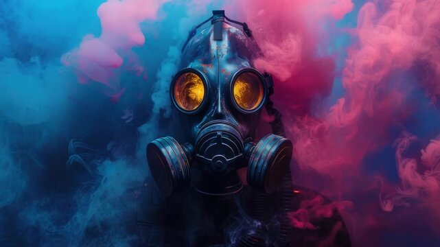 A dark, dramatic gas mask against a backdrop of swirling, vibrant colored smoke