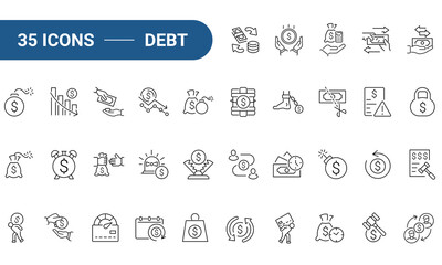 debt set of web icons in line or outline style. Icons for web and mobile app. Outline icons collection. Editable Stroke. Vector illustration