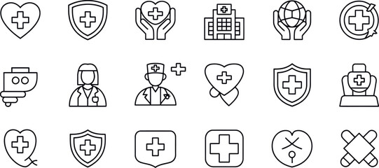 Collection of medical and healthcare icons in a clean line art silhouette style