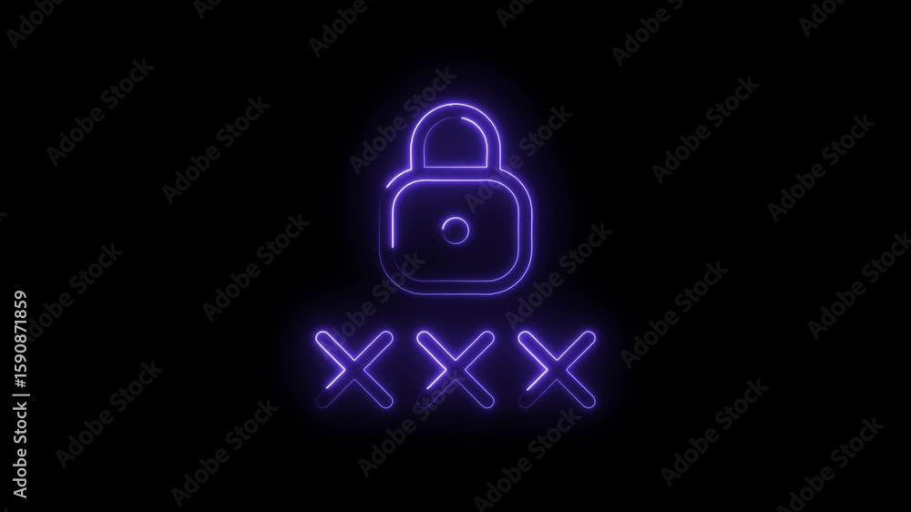 Poster glowing neon purple lock icon with password symbols illuminated on a dark background representing se