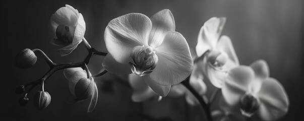 Plakat Orchid mood for floral echo concept. Elegant black and white orchid blossoms in soft sunlight.