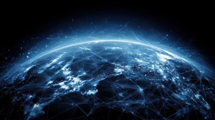 Obraz premium Sci-Fi Earth Background: AI Data Flow and Global Internet Peer-to-Peer Exchange Concept Illustration for Tech Presentations and Education 