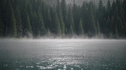 Misty forest lake morning: tranquil nature reflection with rising fog in motion - Powered by Adobe