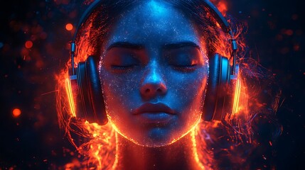 Fototapeta premium Headphones mockup with woman immersed in blue and orange light