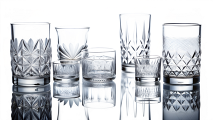 Collection of Crystal Glasses with Intricate Designs on Transparent Background