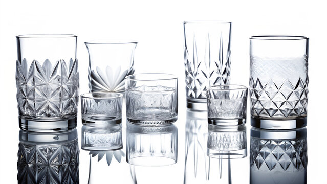 Collection of Crystal Glasses with Intricate Designs on Transparent Background