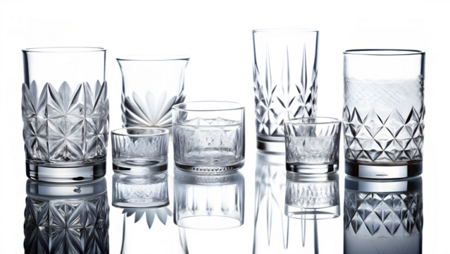 Collection of Crystal Glasses with Intricate Designs on Transparent Background