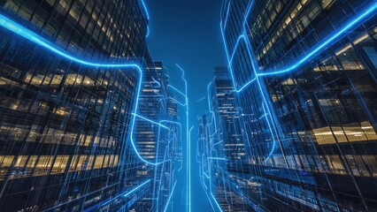Digital lines glowing between skyscrapers in futuristic city corridor at night, visualizing smart urban communication, data infrastructure, high-speed connectivity and virtual modern information flow