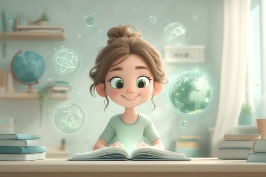 Cheerful girl studying with fantasy science elements in a bright cozy room