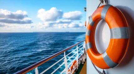 Lifebuoy hanging on a cruise ship, with an ocean background, generative ai
