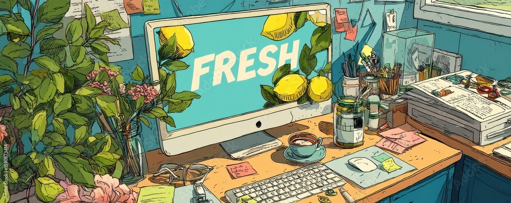Fototapete bright workspace with fresh text on monitor and cluttered desk featuring flowers