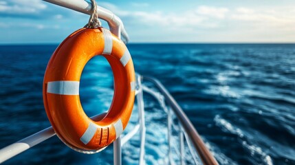 Lifebuoy hanging on a cruise ship, with an ocean background, generative ai