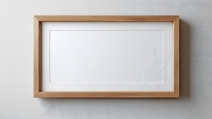 Wooden landscape photo frame with white mat on neutral wall
