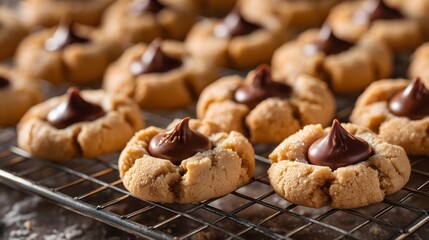 Peanut Butter Blossom Cookies with Cracked Tops and Chocolate Center. Concept of festive homemade dessert.
