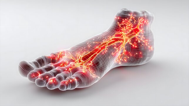 Illustration of diabetic peripheral neuropathy with foot pain signal
