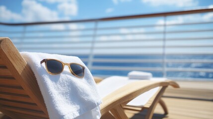 Lounge chair with towel and sunglasses on cruise deck, vacation relaxation scene generative ai
