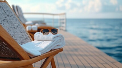 Lounge chair with towel and sunglasses on cruise deck, vacation relaxation scene generative ai