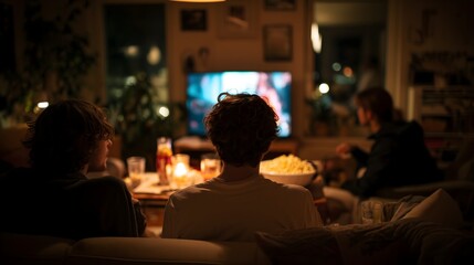 Watching movies at home with drinks and snacks on cozy couch
