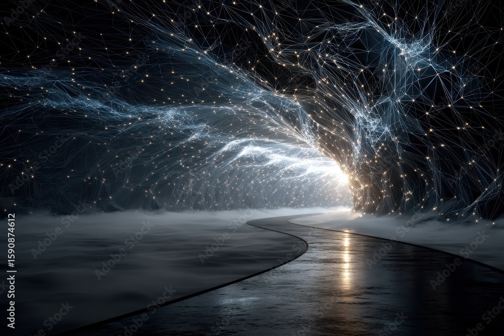 Poster abstract futuristic tunnel with glowing nodes and light pattern